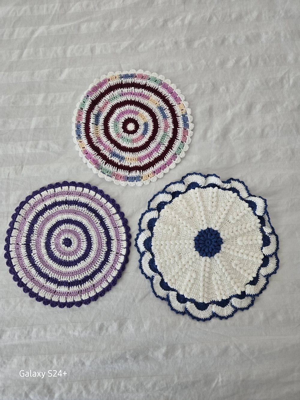 Handmade Vintage Style Crochet Doily Set in White,  Blue, & Multicolor - Cotton
